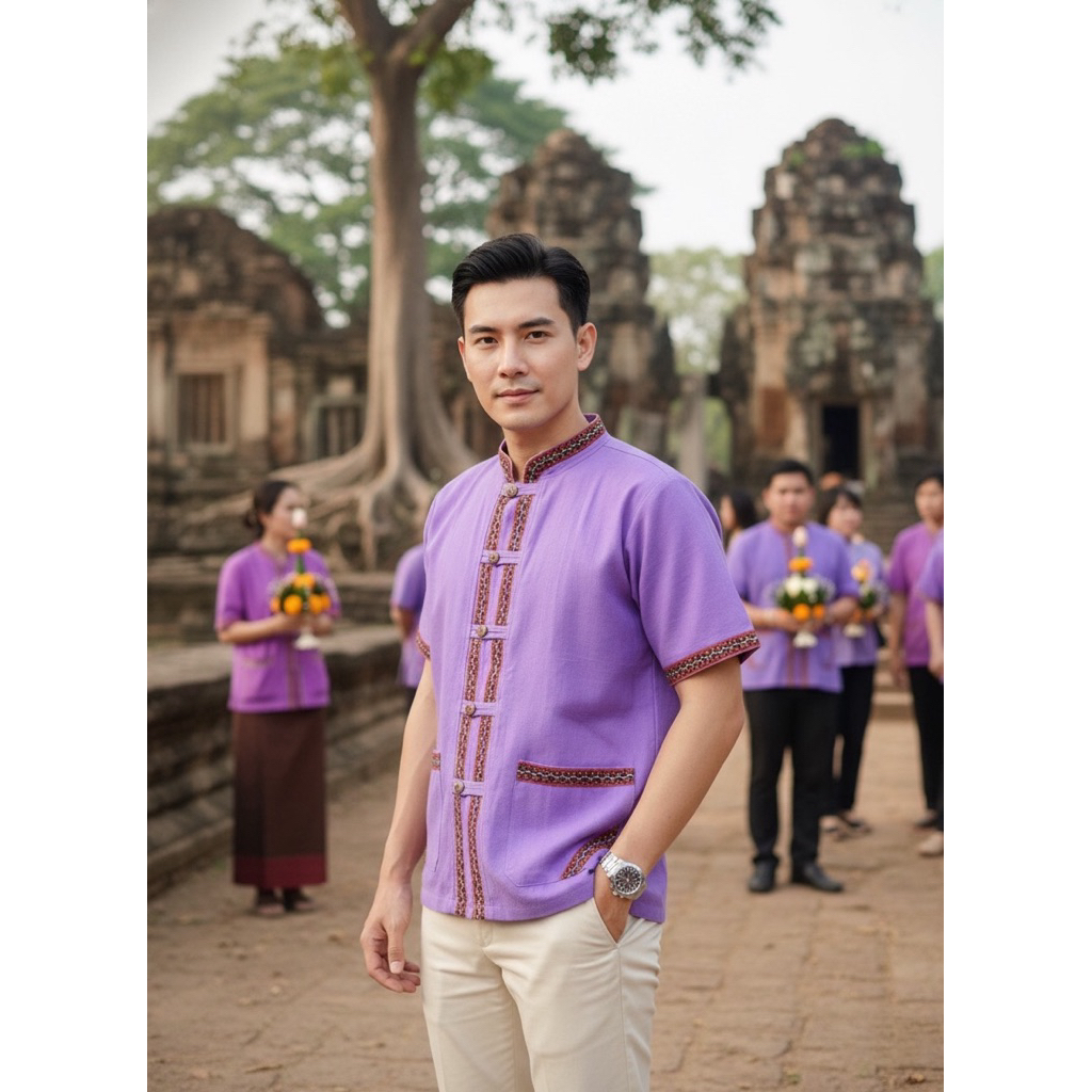 เสื้อพื้นเมืองผู้ชายคอจีนแต่งแถบผ้าทอลาย แขนสั้น - รูปที่ 6