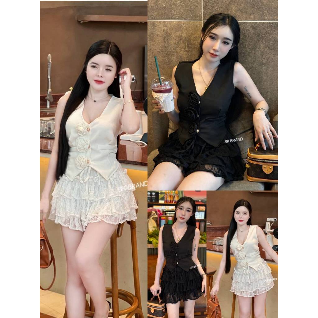 【BK BRAND】 BK 71596 เซ็ตเสื้อกั๊กผ้าพื้นติดกระดุมมุกแต่งดอกกุหลาบ กระโปรงชั้นลูกไม้