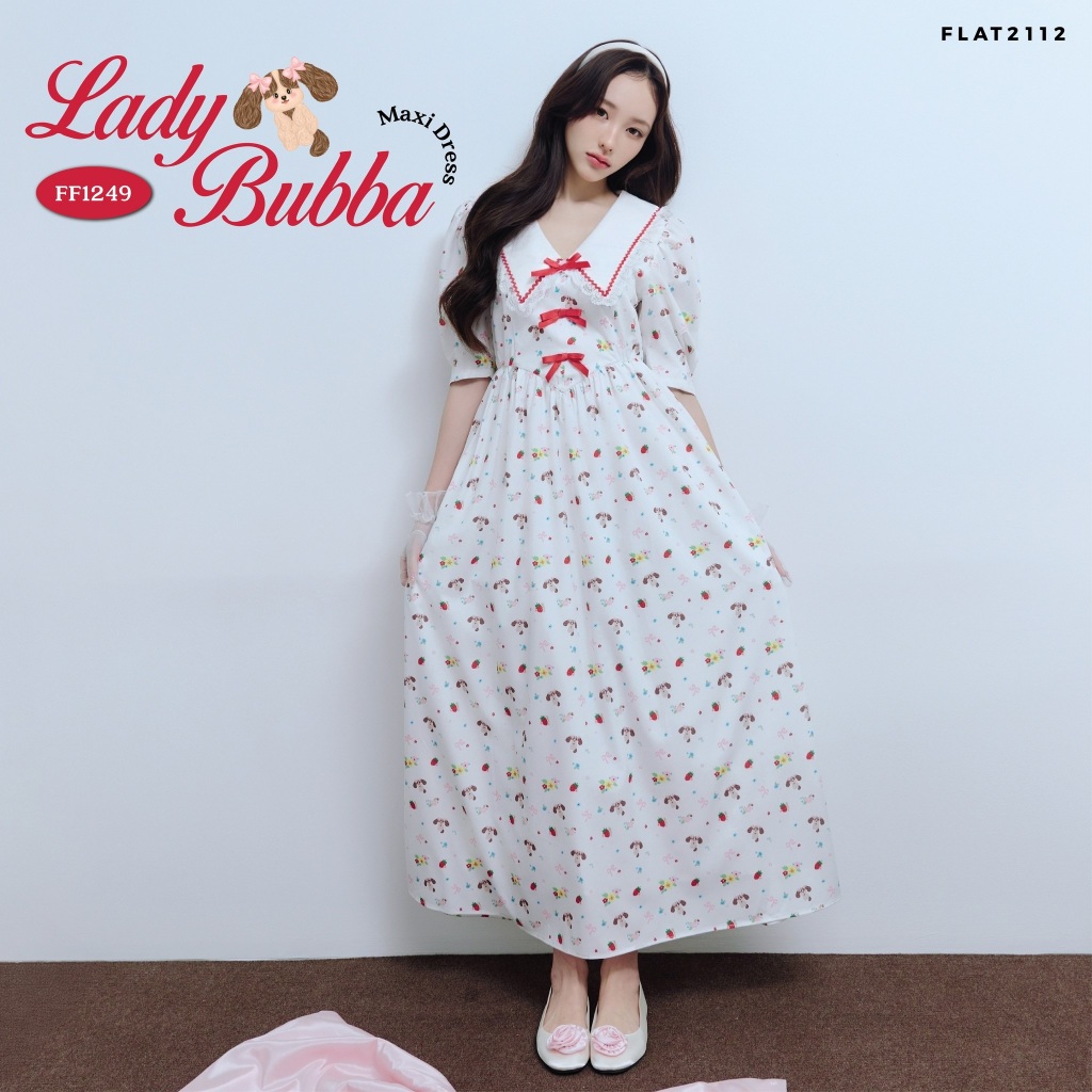 FLAT2112 : LADY BUBBA MAXI DRESS เดรสยาวรุ่นฮิต ลายน้องหมา Buba สุดปัง ผ้านุ่มใส่สบายมาก เดรสใส่ออกงาน (FF1249)
