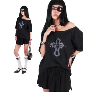 kome.offi เสื้อโอเวอร์ไซส์ปาดไหล่ รุ่น god blessed t-shirt