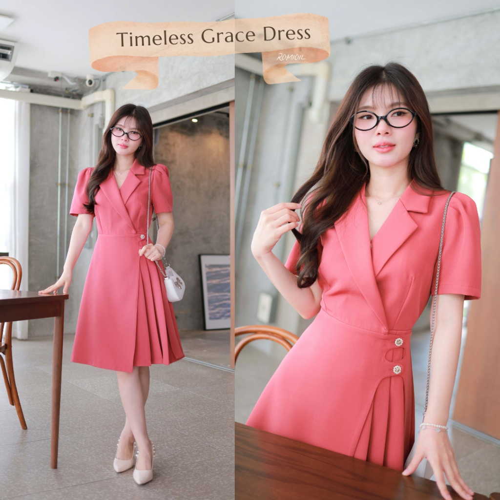"Romi"Oil" Timeless Grace Dress (Red Lime) K282 ชุดเดรสสีแดงปูน (แต่งกระดุมดอกไม้กระโปรงพลีท)
