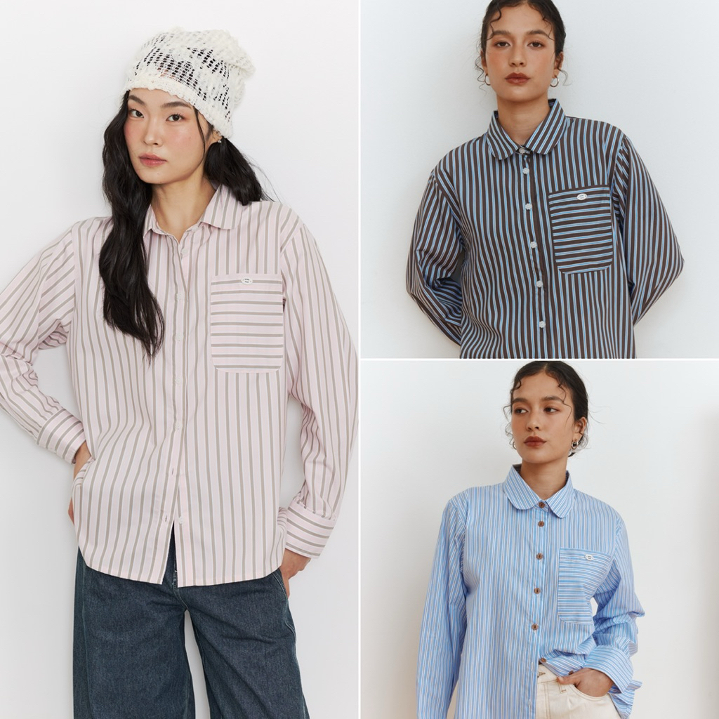 POCKETWOOD - Courbe Shirt [พร้อมส่ง] เสื้อเชิ้ตคอปกมนลายริ้ว ทรงโอเวอร์ไซส์ กระเป๋าหน้า