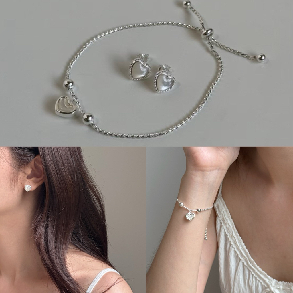 MWS เซตสร้อยคอมือ&ต่างหูเงินแท้S925 [moonstone heart cushion collection] 🎁FREE กระเป๋าเก็บเครื่องประ