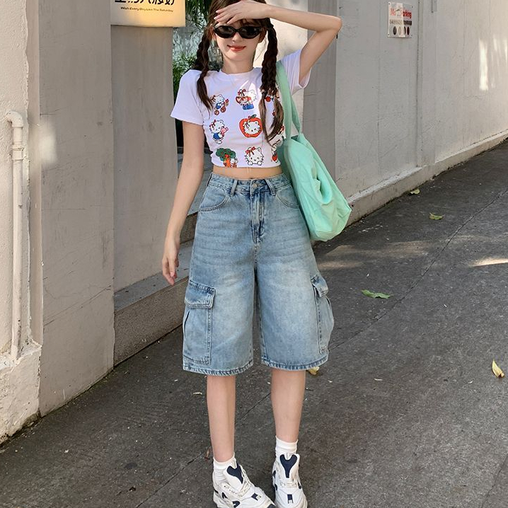 Loma Wear~กางเกงยีนส์ขาสั้นผู้หญิง 5 ส่วน สไตล์อเมริกัน สีฟ้าอ่อน ทรงหลวมใส่สบาย แมทช์ง่าย