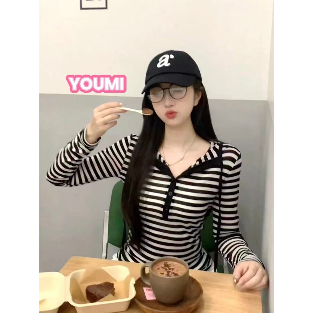ส่งไวจากไทย ลําลอง 2สี เสื้อแขนยาวผู้หญิง สําหรับสตรี ลายทาง สไตล์วินเทจ🍒YOUMI