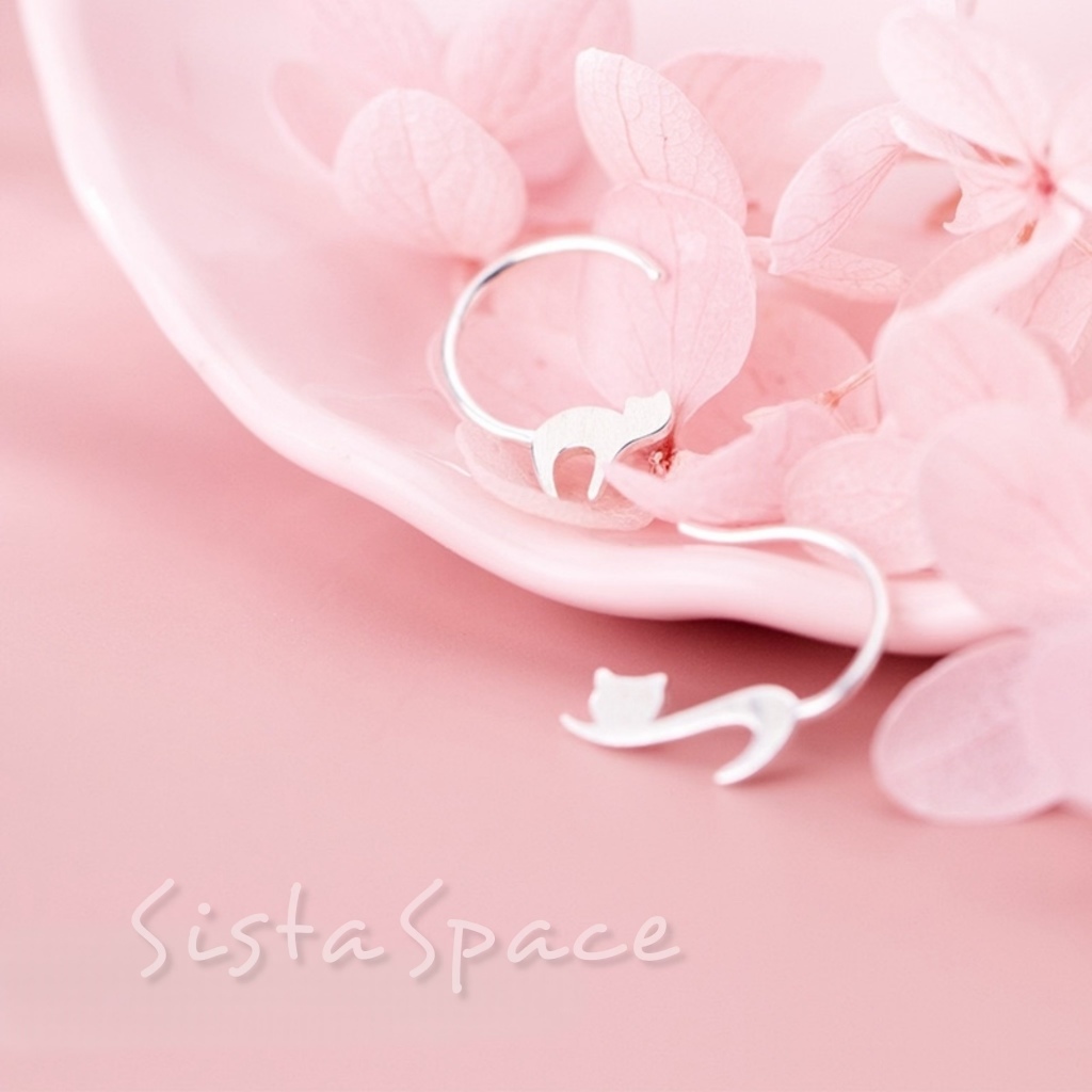 SSME009 ต่างหูมินิมอล แบบเกี่ยวหู ดีไซน์แมวเหมียวสีเงิน mini kitty