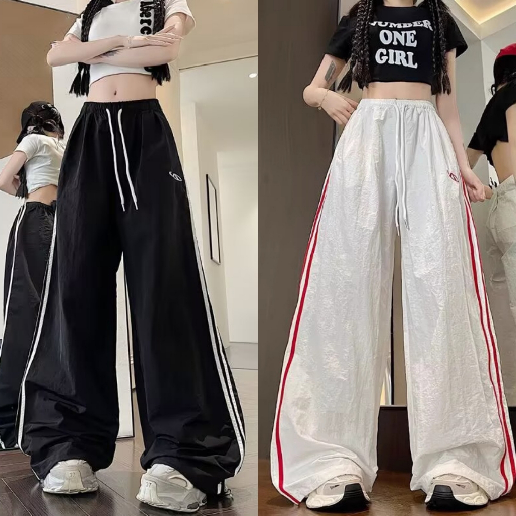 กางเกงวอร์มผู้หญิง ขาตรง เอวสูง ลายทางด้านข้าง ทรงหลวม ใช้งานได้หลากหลาย จัดส่งจากกรุงเทพฯ