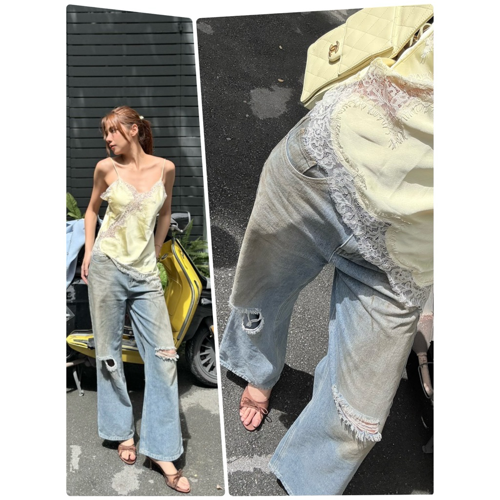 Viraran Dirty Fade Jeans กางเกงยีนส์เอวต่ำตัวเลอะ