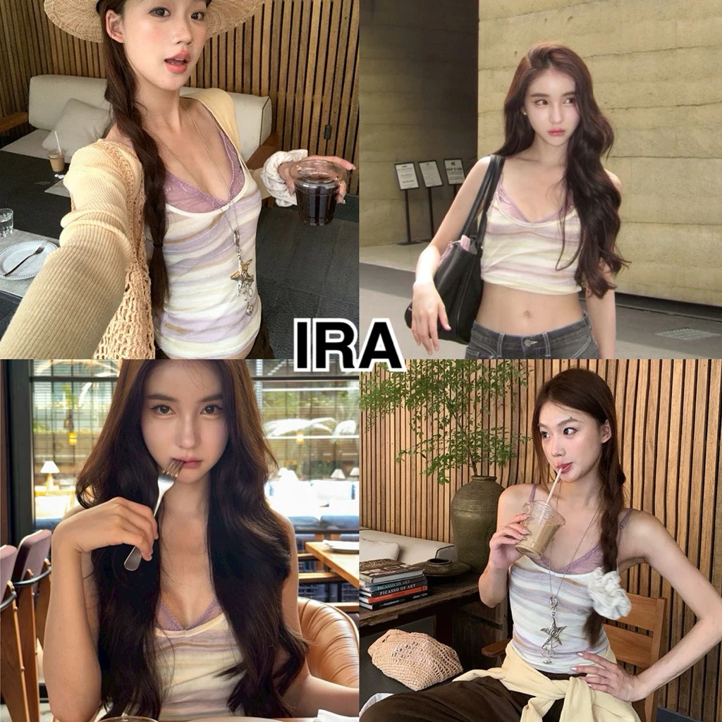 BY IRA (2171)เสื้อสายเดี่ยวลายริ้วฟุ้งๆ เย็บ2ชั้น ดีเทลลูกไม้ด้านใน สายปรับได้ สไตล์สาวแซ่บ