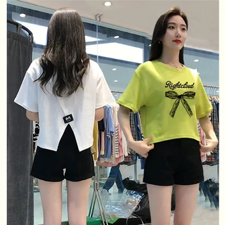 เสื้อครอปน่ารักสไตล์เกาหลี oversize เสื้อผ้าสาวอวบอ้วนไซส์ใหญ่ เสื้อยืดสวยๆผู้หญิงกําลังฮิตใหม่ล่าสุด ผ่าด้านหลัง แฟชั่น