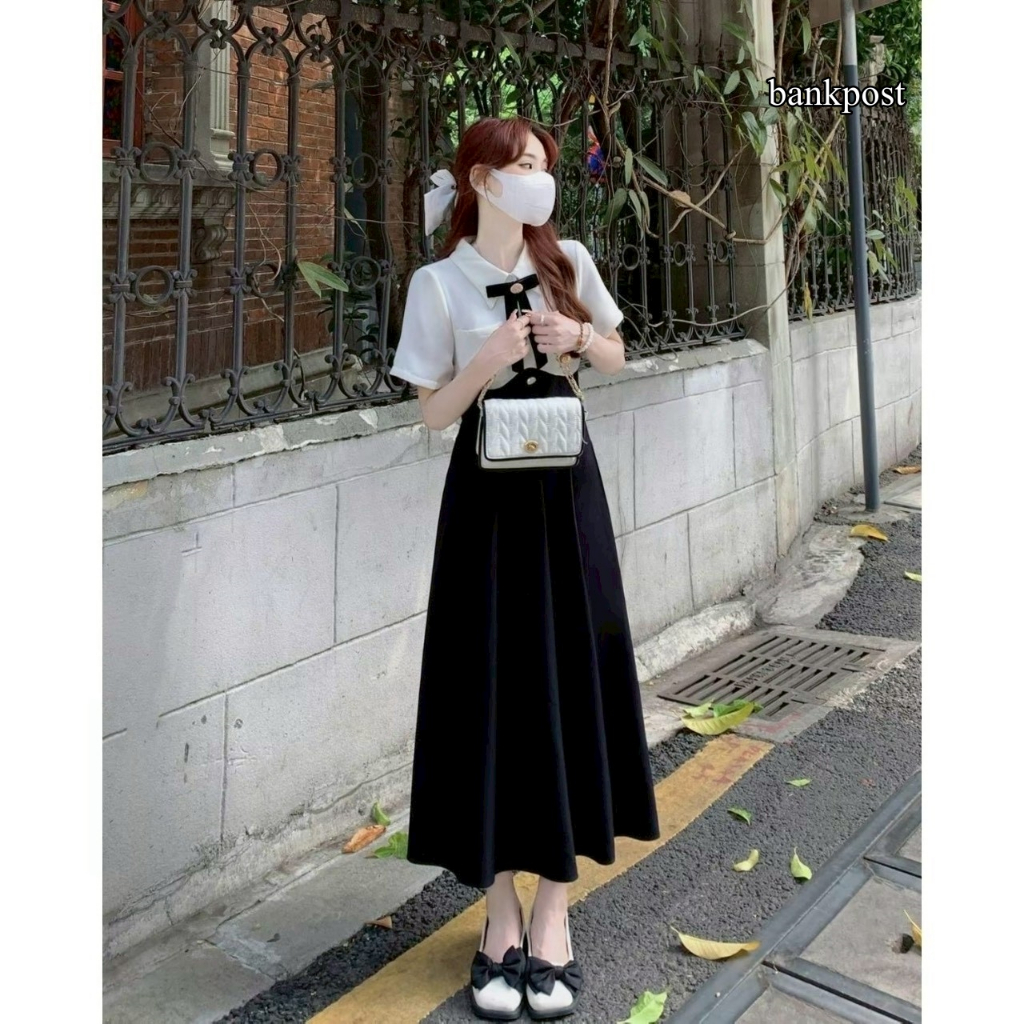 พร้อมส่ง เดรสยาว ทรูโทน ผ้าวูลเวฟ ทรงสวย หรู คอปก แต่งโบว์หน้า กระดุมหน้า กระเป๋าหน้า แต่งจีบรอบ A7027