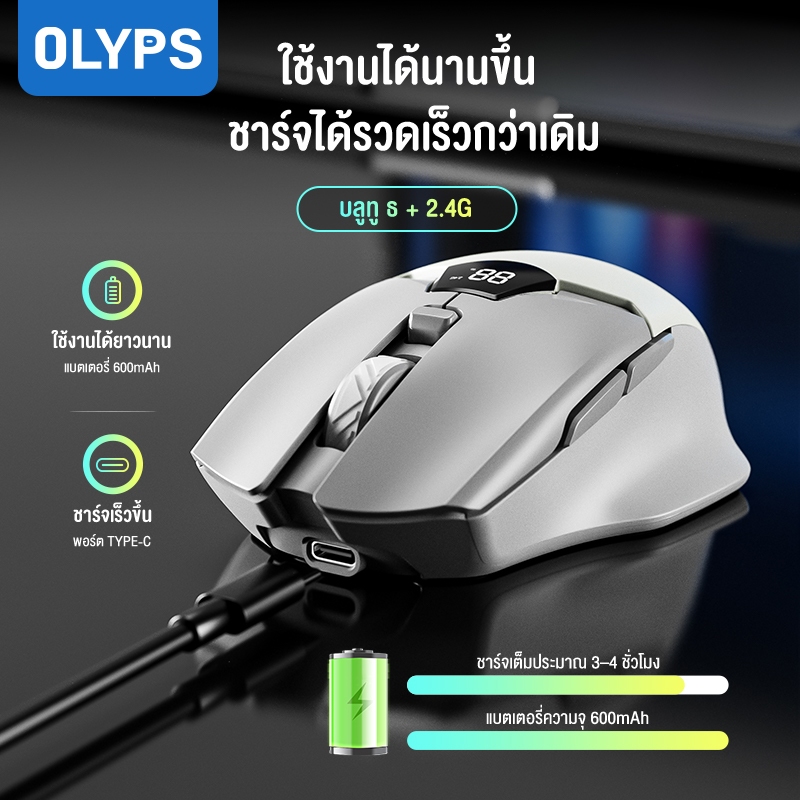 OLYPS เมาส์ไร้สายชาร์จได้ Type c Bluetooth หนูเงียบ DPI3200 ความหน่วงต่ำ