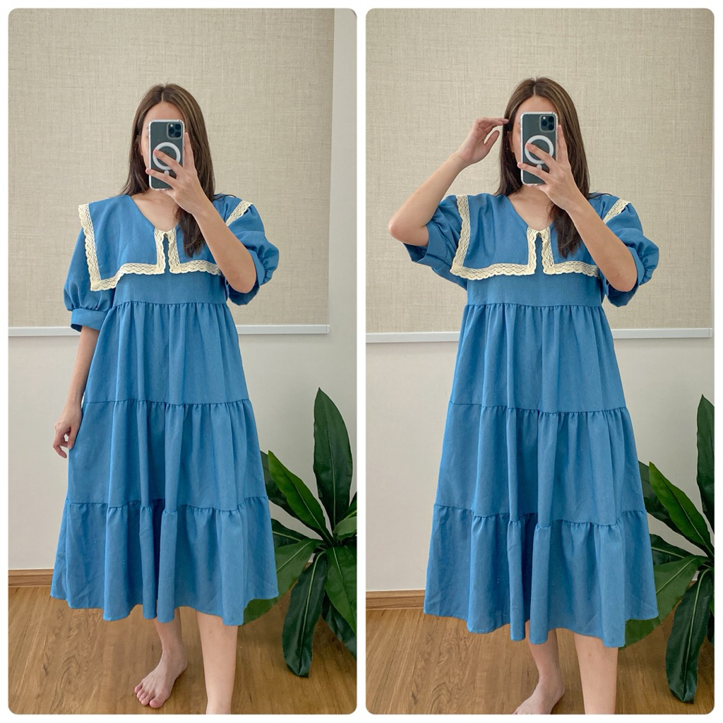 เดรสยีนส์ผ้านิ้มยาวปกกะลาสี