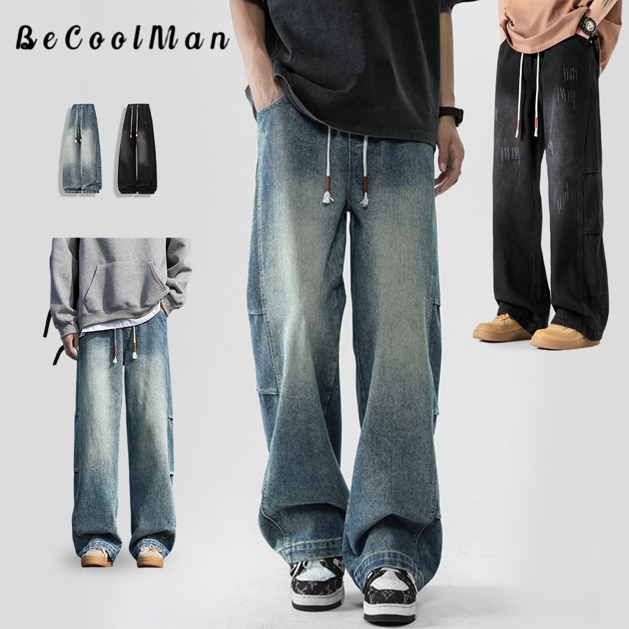 💥BECoolMan💥สไตล์อเมริกันวินเทจ กางเกงยีนส์ทรงตรง แบบหลวม แมทช์ลุคง่าย ใส่ได้ตลอดทั้งปี กางเกงรัดเอว