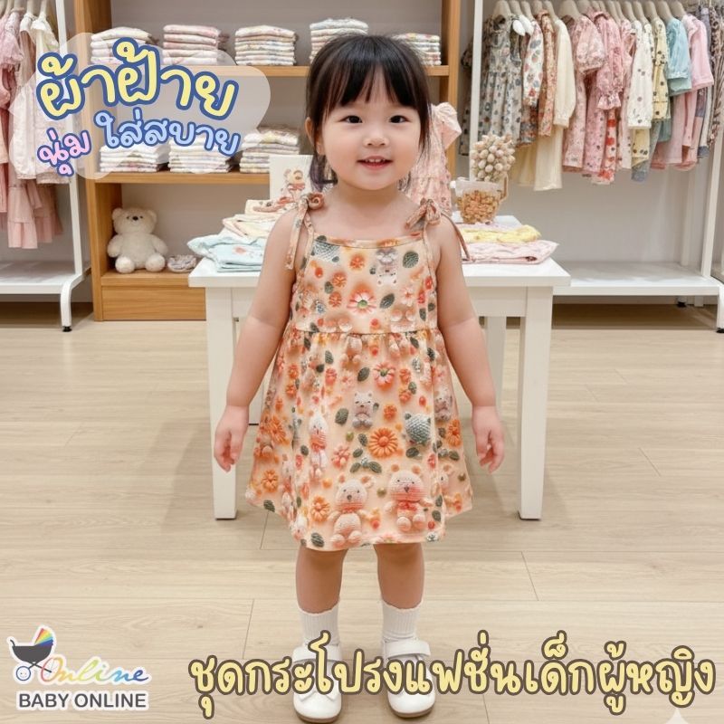 Babyonline(Y270)J3 (ส่งด่วน1วัน) ชุดกระโปรงแฟชั่นเด็กผู้หญิงสายเดี่ยวแบบผูกเชือกลายหมีน่ารัก ผ้าฝ้าย นิ่ม
