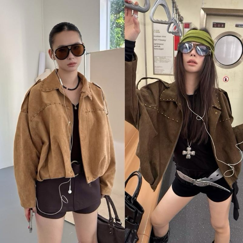 BY0372 Jacket โอเวอร์ไซส์ หนังกลับแต่งหมุด benly co