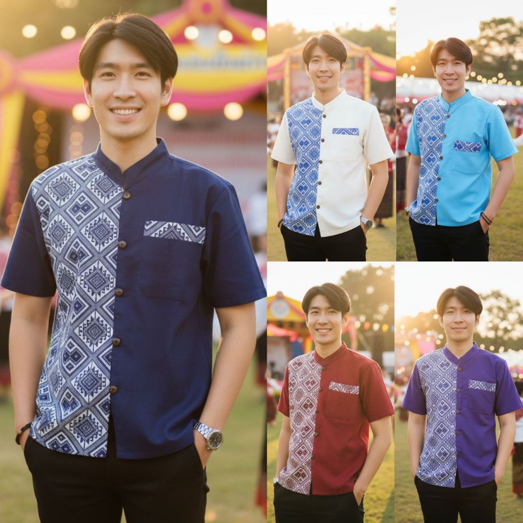 🎗เสื้อพื้นเมืองชาย ทูโทนลายขิด🎗