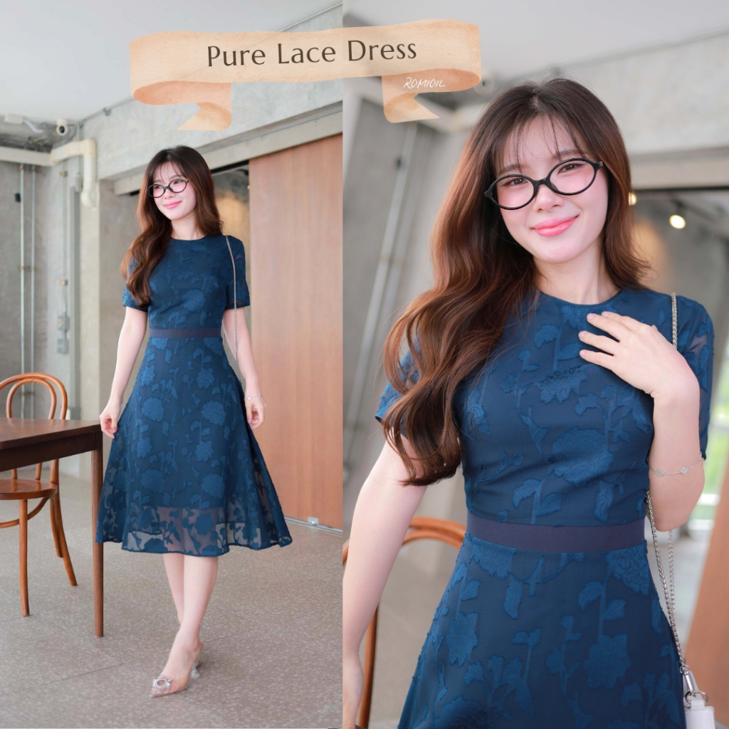“Romi”Oil” Pure Lace Dress (Blue) K321 ชุดเดรสสีน้ำเงิน (คอกลมแต่งขอบเอว)