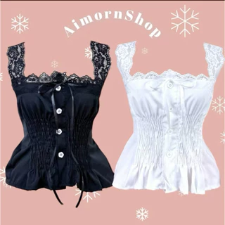 🔥aimorn_shop🔥เสื้อกล้ามแขนลูกไม้ ทรงสม็อคเจ้าหญิง ผูกโบว์ด้านหน้าแมทช์กับกระโปรง ใส่แล้วน่ารักมากก
