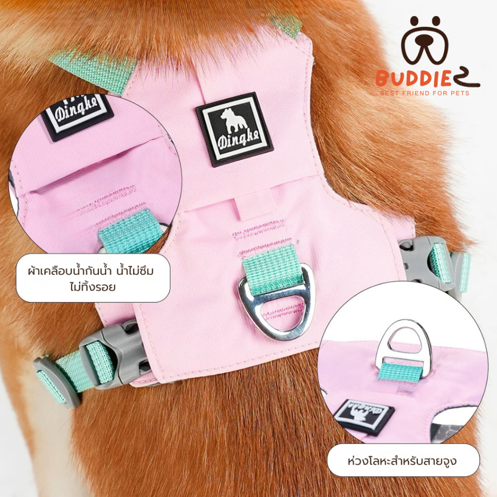 Buddiez สายรัดอก harness น้องหมา น้องแมว ผ้าโพลีเอสเตอร์ กันน้ำ กันขีดข่วน ระบายอากาศดี ปรับขนาดได้ สวมใส่ง่าย สีพาสเทล รูปที่ 2