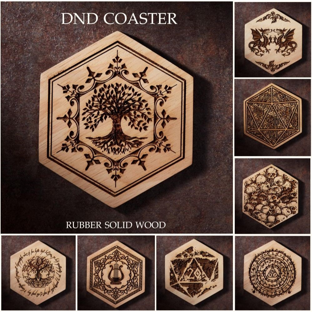 Wooden Hexagon Coaster | Rubber Wood  | Cup Holder Unique Gift Design for Dragons MTG RPG Tabletop Adventure Dungeons