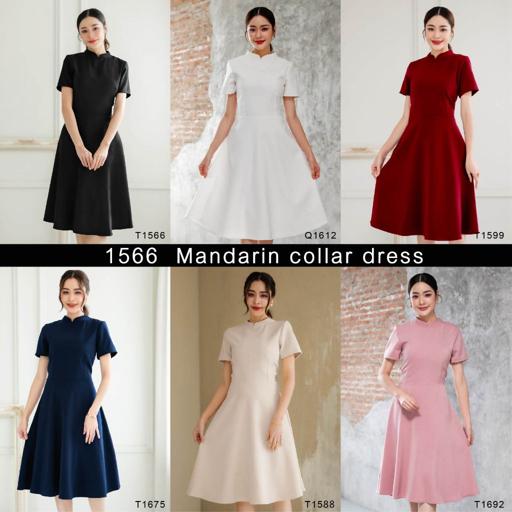 TEESBRAND T1566 1612 1599 1675  ชุดทำงานสีดำ ทรงบาน เสื้อคอจีน แขนสั้น ยาว40 นิ้ว เดรสดำ ชุดดำงานศพ