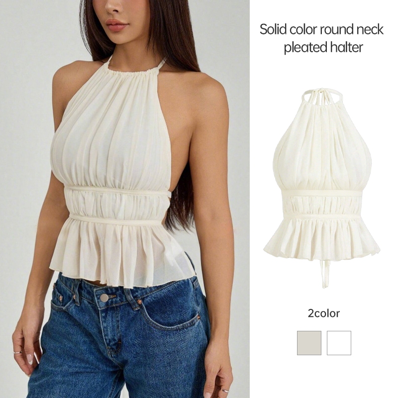 เซ็กซี่ เสื้อกั๊ก สีทึบ คอกลม จีบ แขวนคอ เสื้อกั๊ก Lace-up ด้านบน ผู้หญิง Backless JD