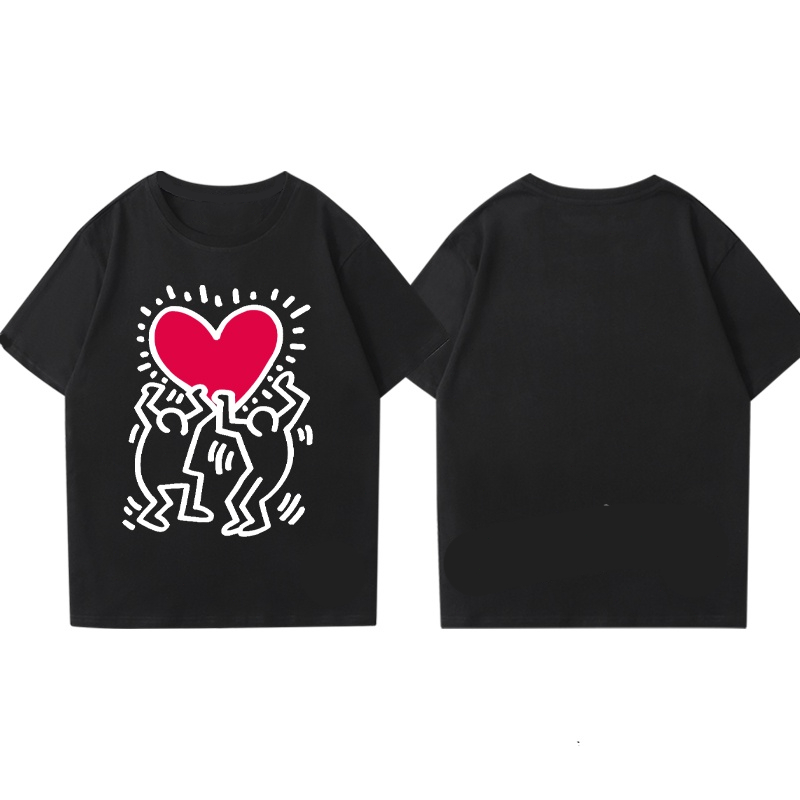 Keith Haring joint Keith Haring เสื้อยืดแขนสั้นคู่ผู้ชายและผู้หญิงผ้าฝ้ายแท้หลวมฤดูร้อนครึ่งแขนน้ํา