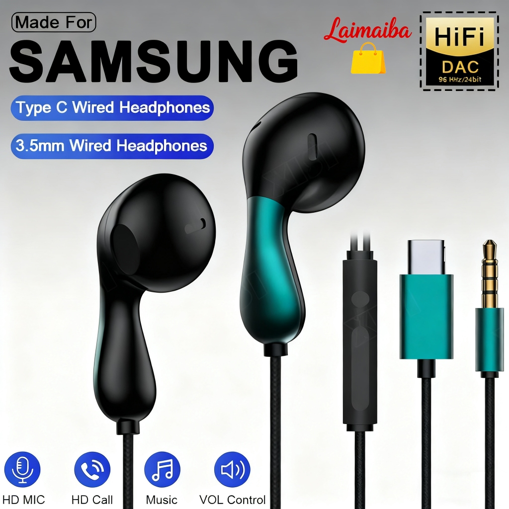 ประเภท C หูฟังแบบมีสายสําหรับ Samsung Galaxy S24 S23 S22 Ultra USB-C หูฟัง A53 A52 A34 A54 หมายเหตุ 20 10 แจ็ค 3.5