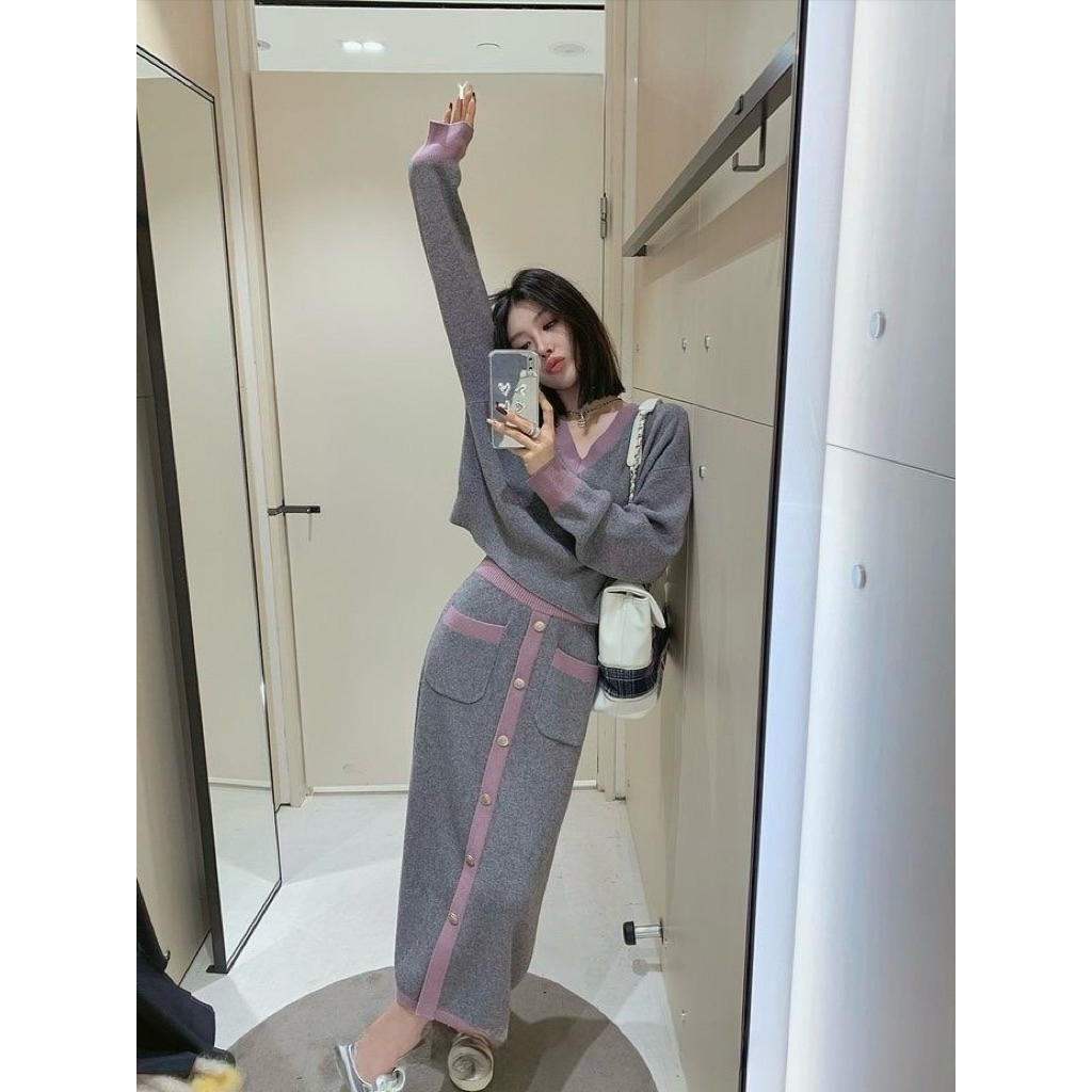🌈🌿🌺🌼🌸🩶🧡🖤🇰🇷 Knit V Rim Long Sleeve Top&Rim Button Long Skirt Set