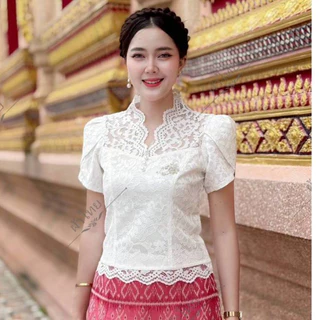 K - (เฉพาะเสื้อ) เสื้อไหมลูกไม้สีขาวงา พร้อมส่งค่ะ มีอก32-44 เสื้อใส่ไปทำบุญ ออกพรรษา ออกงานต่างๆไปวัด