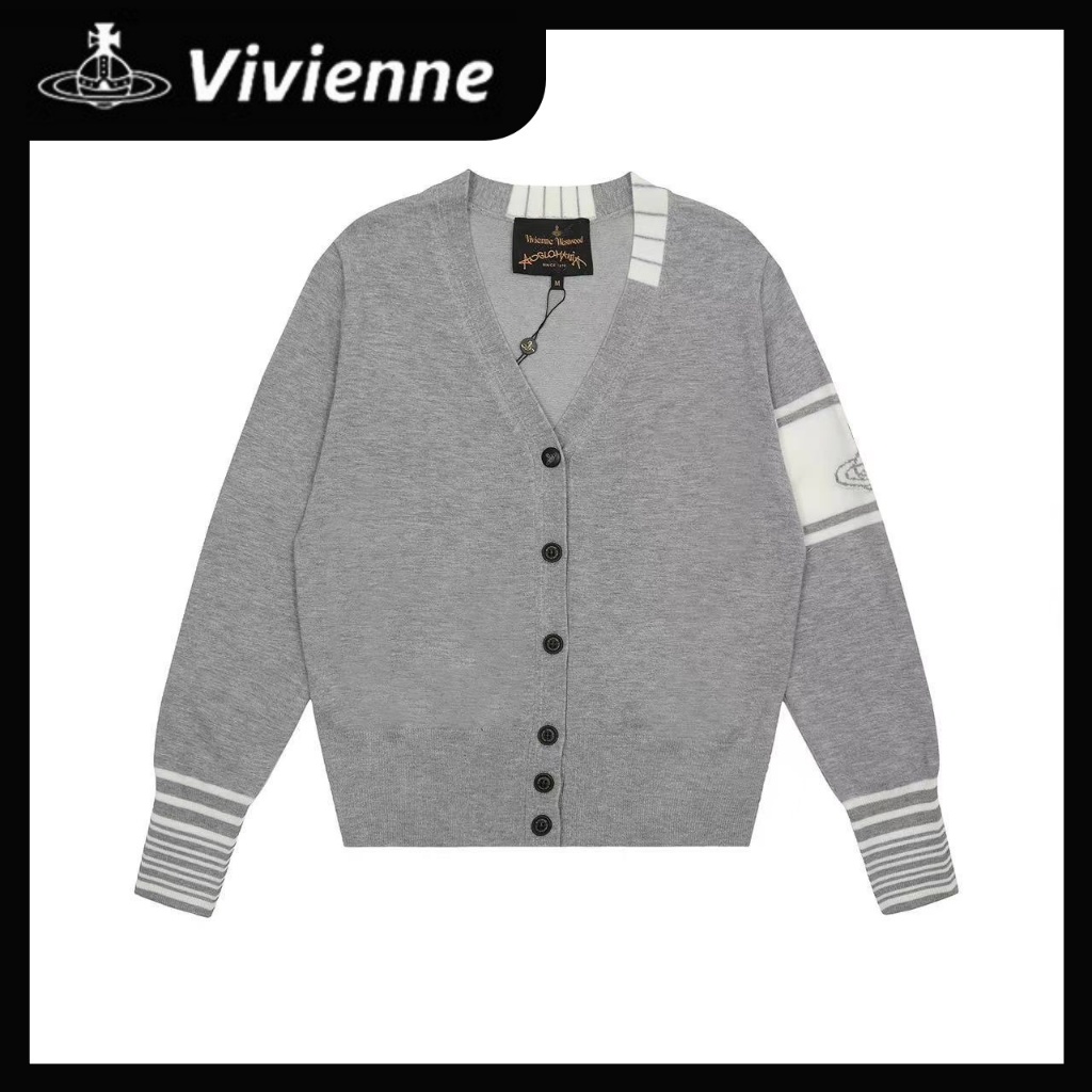 vivian westwood✨JP VIVI เสื้อโค้ทสเวตเตอร์ vivian ลายทางแจ็คการ์ด เสื้อสเวตเตอร์สีตัดกัน เสื้อถัก เส