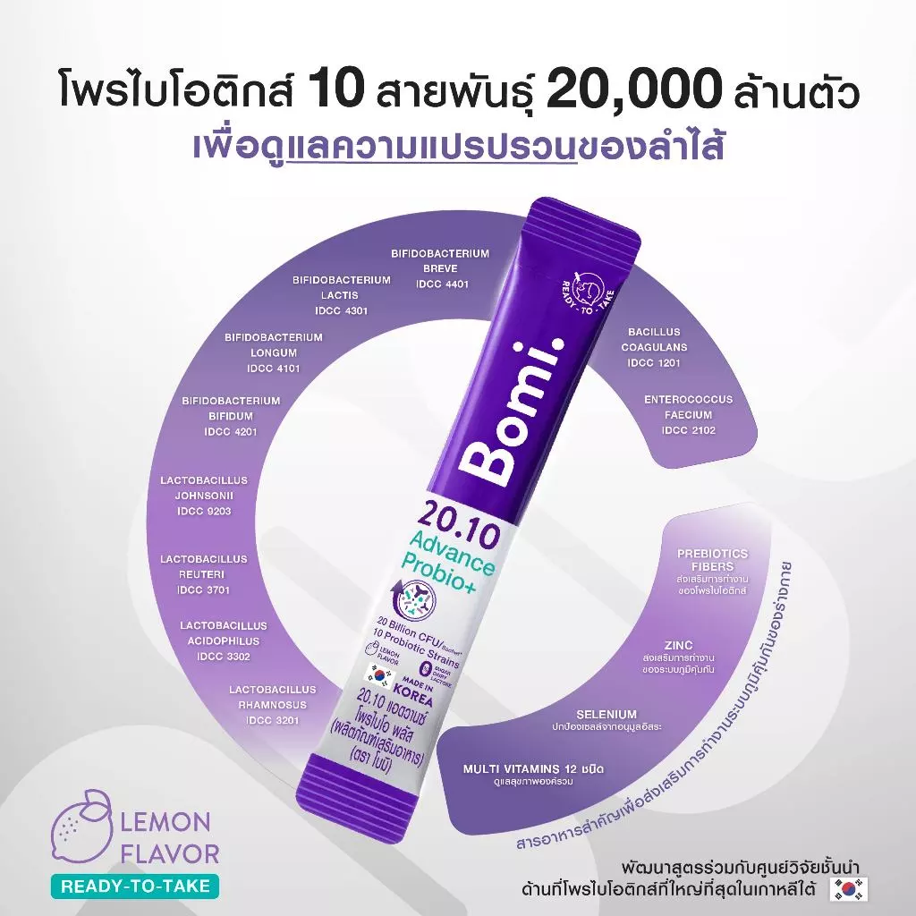 Bomi 20.10 Advance Probio+ (14x2g) โพรไบโอติกส์สูตรแอดวานซ์ ปรับอาการแปรปรวน คืนสมดุลลำไส้ thumbnail 4