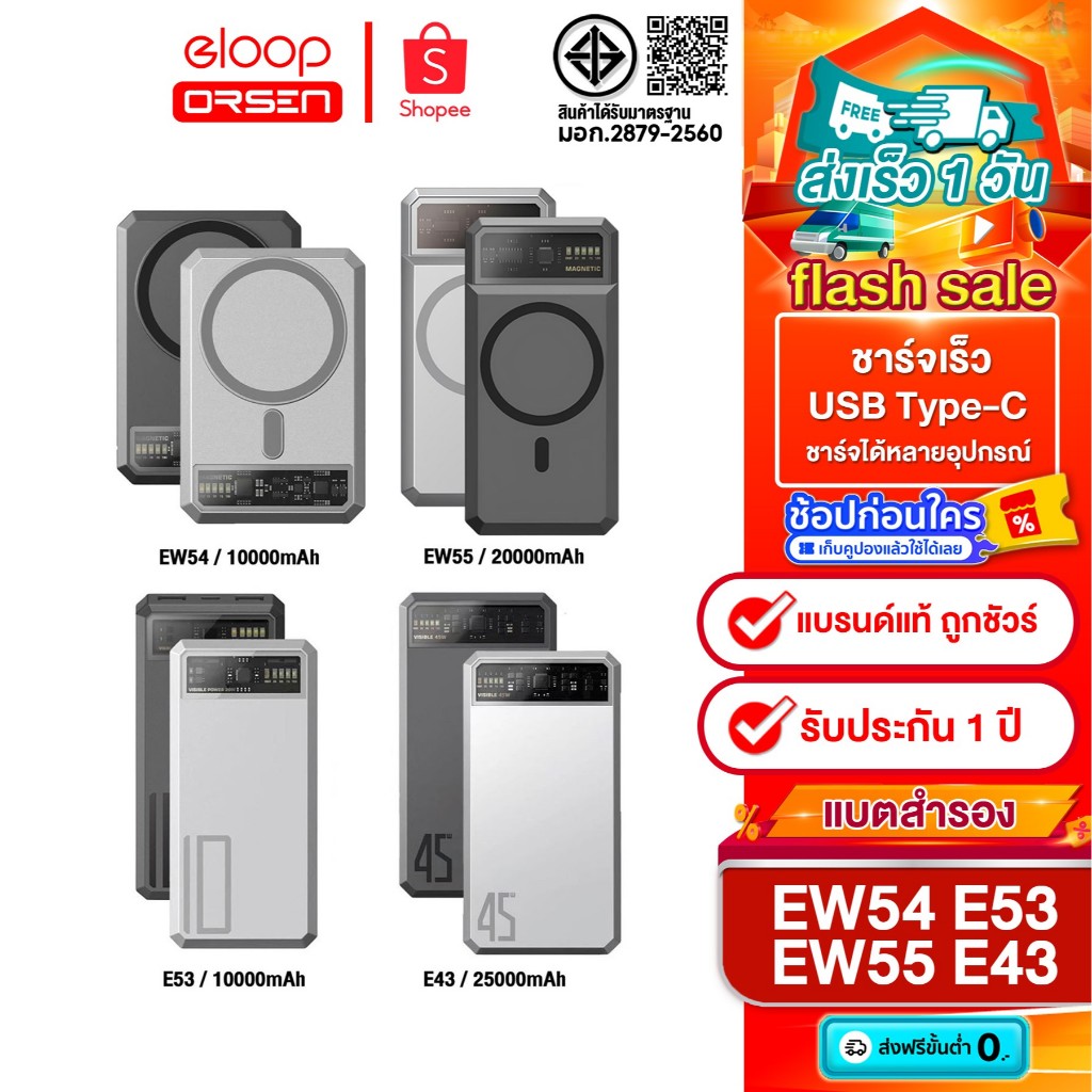 [ติดตาม รับส่วนลด] Eloop E53 10000mAh / EW54 10000mAh / EW55 20000mAh / E43 25000mah  ของแท้100%