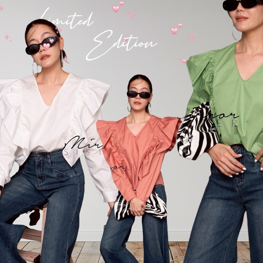 MirrorsisteR 50926.6 • เสื้อคอวีดีเทลระบายช่วงไหล่ ผ้าคอตตอนเนื้อดี