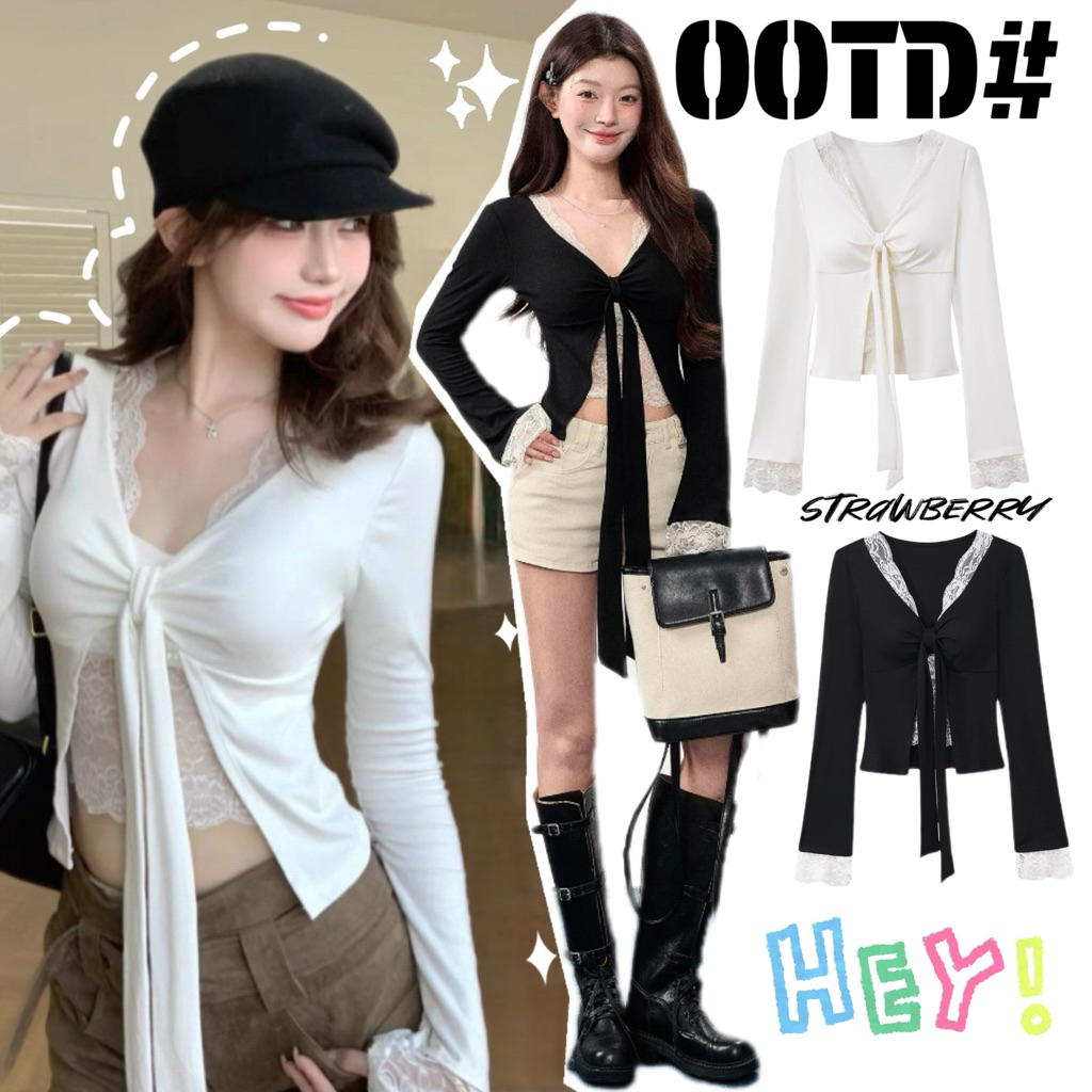 STR พร้อมส่ง🍧🧸เสื้อยืดแขนยาว เสื้อลูกไม้สองชั้นติดกันคอวี มีเชื่อกผูกโปว์ได้ ทรงเข้ารูป หรูเริ่ดเซ็กซี่แฟชั่นสาวเกาหลี