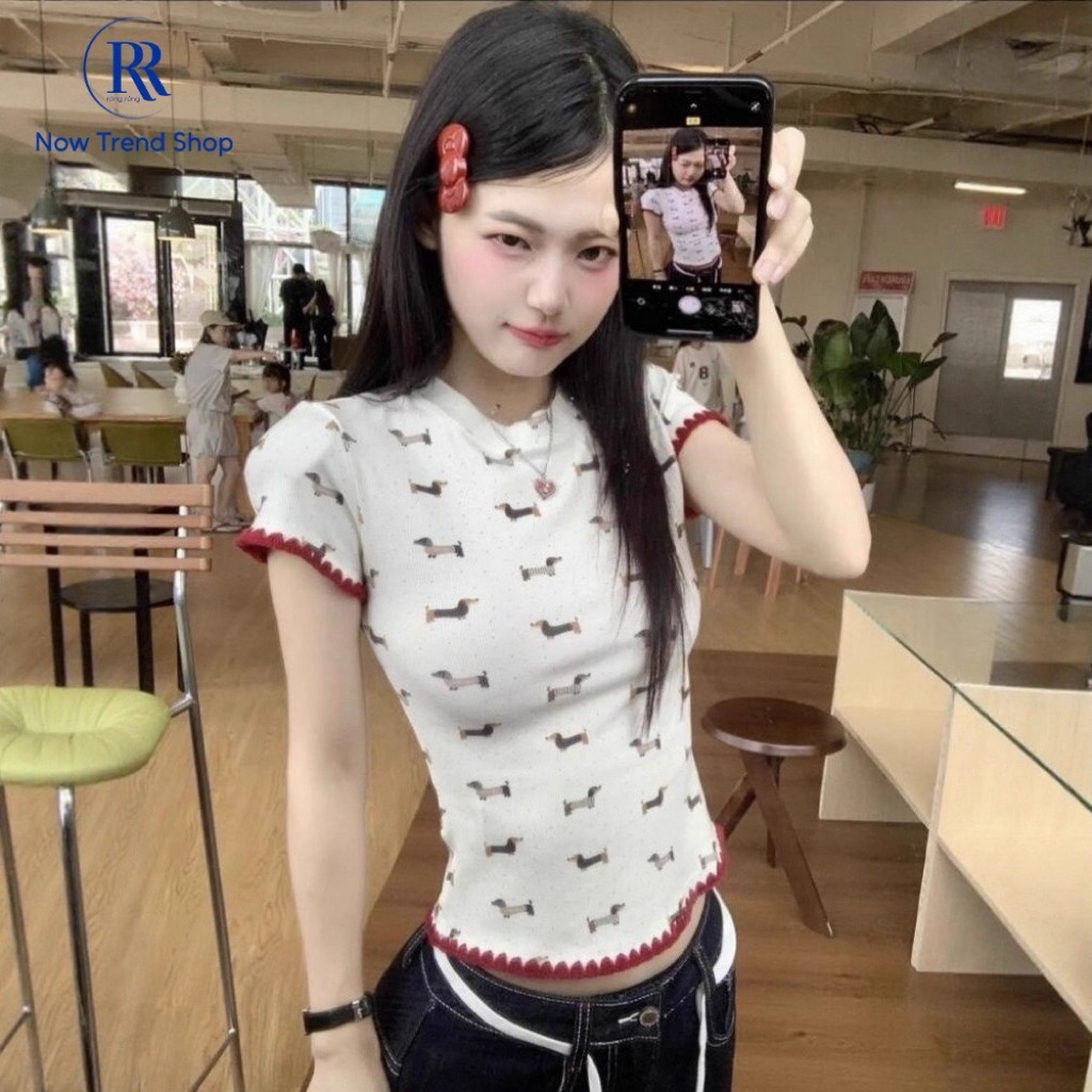 เสื้อยืดแขนตุ๊กตาลายสุนัข พิมพ์ลายน่ารัก สไตล์เกาหลี