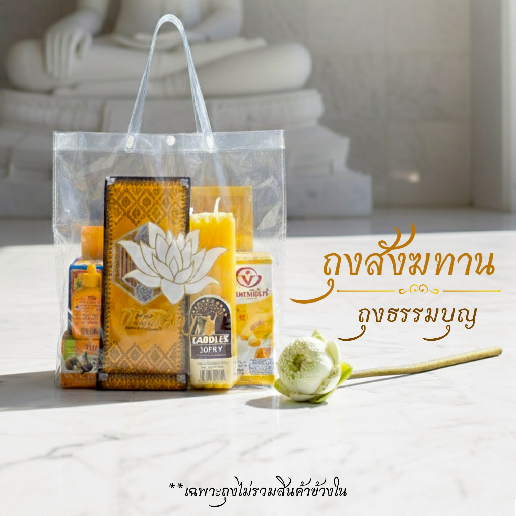 ถุงสังฆทาน PVC สีใส ใส่สังฆทานทำบุญ สกรีนดอกบัว สีขาว-ทอง พลาสติกรักษ์โลก ใช้งานต่อได้อีก