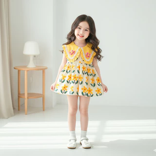 Babyonline(Y463)D5 (ส่งด่วน1วัน)ชุดเดรสกระโปรงแขนกุดลายดอกไม้สำหรับเด็กผู้หญิง ผ้าฝ้าย มีซิปหลัง
