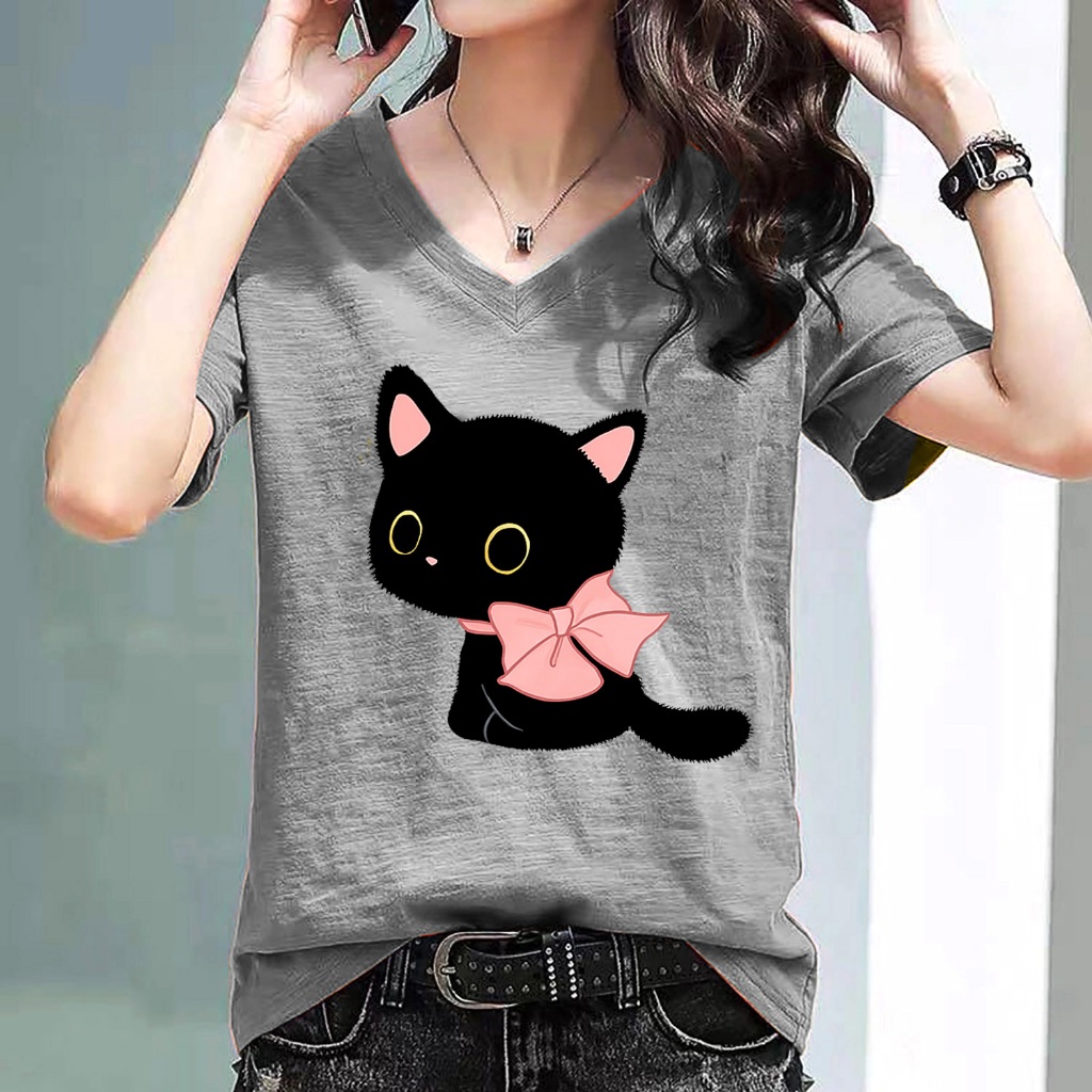 M-6XL เสื้อยืดแฟชั่นเกาหลี แมวดำ คอวี T-shirt Black Cat for women Cotton100% High quality รุ่น C482