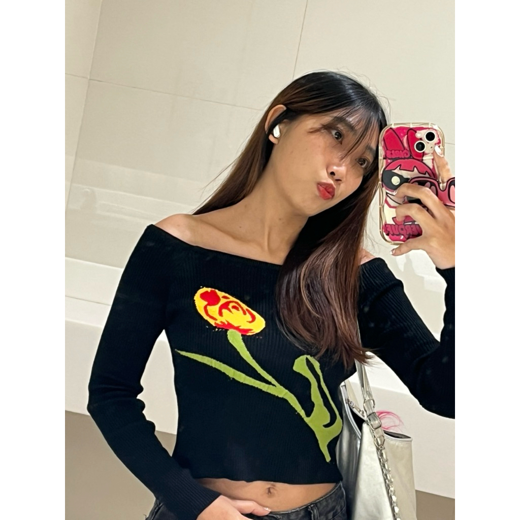 [lb_charming❣️] เสื้อมือ2 เสื้อไหมพรมแขนยาว ลายดอกทิวลิป คอเหลี่ยมสไตล์เกาหลี