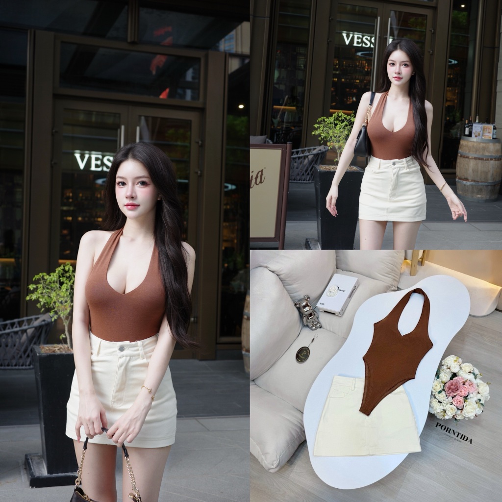 PORNTIDA :  เสื้อบอดี้สูทกระโปรงยีนส์สีครีม คอผ้ายืด(*สอบถามสต๊อกก่อนกดสั่งน๊า)