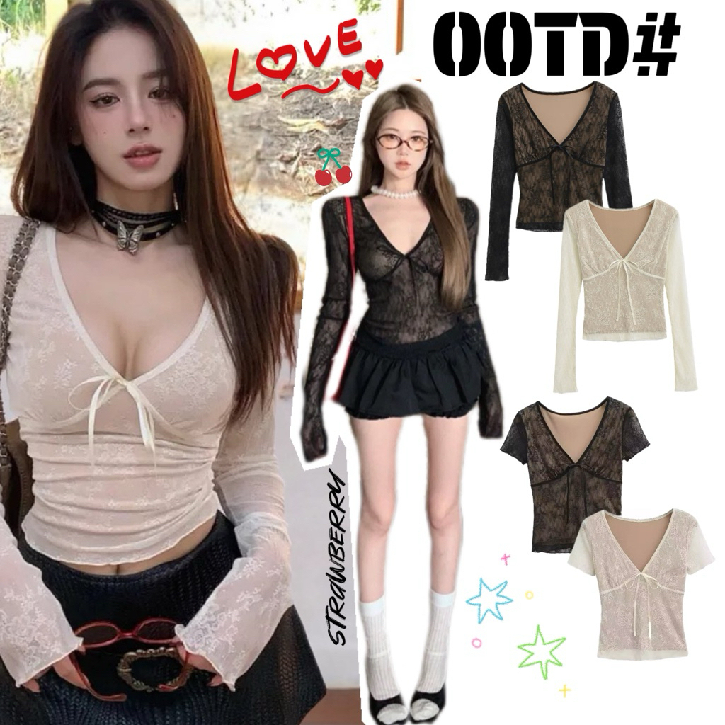 STR พร้อมส่ง🦄🎀เสื้อเบลาส์ เสื้อลูกไม้แขนยาวคอวีหลึก ดีไซน์เรียบหรูดูแพงเสื้อ2ชั้นติดกันทรงเข้ารูป เซ็กซี่แฟชั่นผู้หญิง