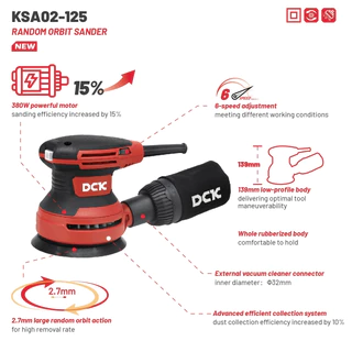 DCK รุ่น KSA02-125 เครื่องขัดกระดาษทราย ขนาด 5 นิ้ว (125 มิล) ปรับความเร็วได้ มีถุงเก็บฝุ่น มีระบบเก็บฝุ่น สวิตซ์กันฝุ่น