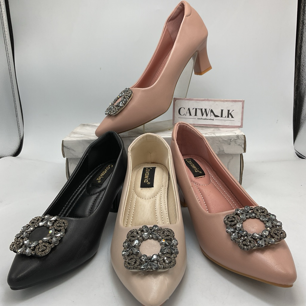 รองเท้าคัชชูหนังนิ่ม สูง2นิ้ว งานอะไหล่เพชรเก๋ๆทรงสวย (cavawia)
