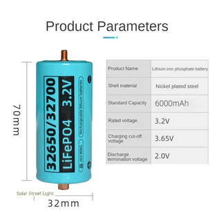 NEW แบต LiFePO4 32650/32700 3.2V 6000mAh ถ่านชาร์จ ตัวเมียบวก สำหรับไฟโซล่าเซลล์ แบตเตอรี่