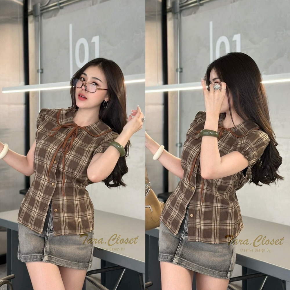 MR031 TARA Shirt เสื้อเชิ้ต กระดุมหน้า คอบัว มีสายผูกโบว์ที่คอ แขนตุ๊กตา มีสายผูกด้านหลัง  เนื้อผ้าฝ้ายทอ ลายสก็อต