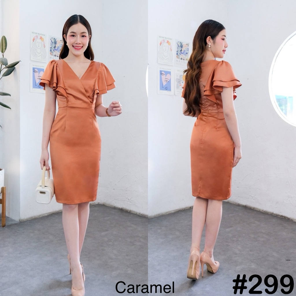 VG0299  คอวีทรงสุภาพ จับจีบระบายพรางต้นแขน ชุดไปงานแต่ง ชุดออกงาน เดรสเพื่อนเจ้าสาว [LUXURY707]