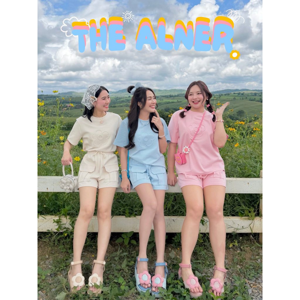 Thealner-AN875 (เซตเสื้อปั้มนูนดอกไม้แขนสั้นกางเกงขาสั้น)