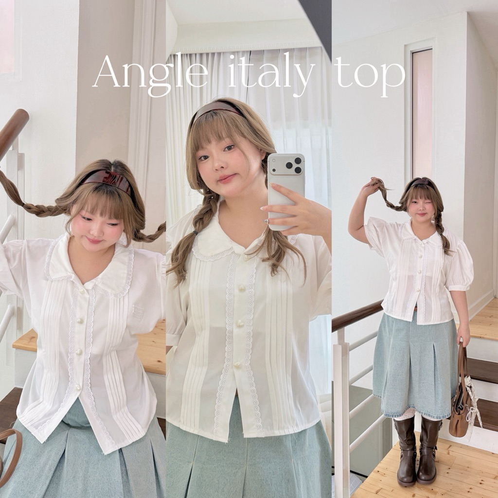 Chubbygirlbkk - Angle litaly top🩰 เสื้อเชิ้ตคอบัว แต่งลูกไม้ จีบหน้าอก